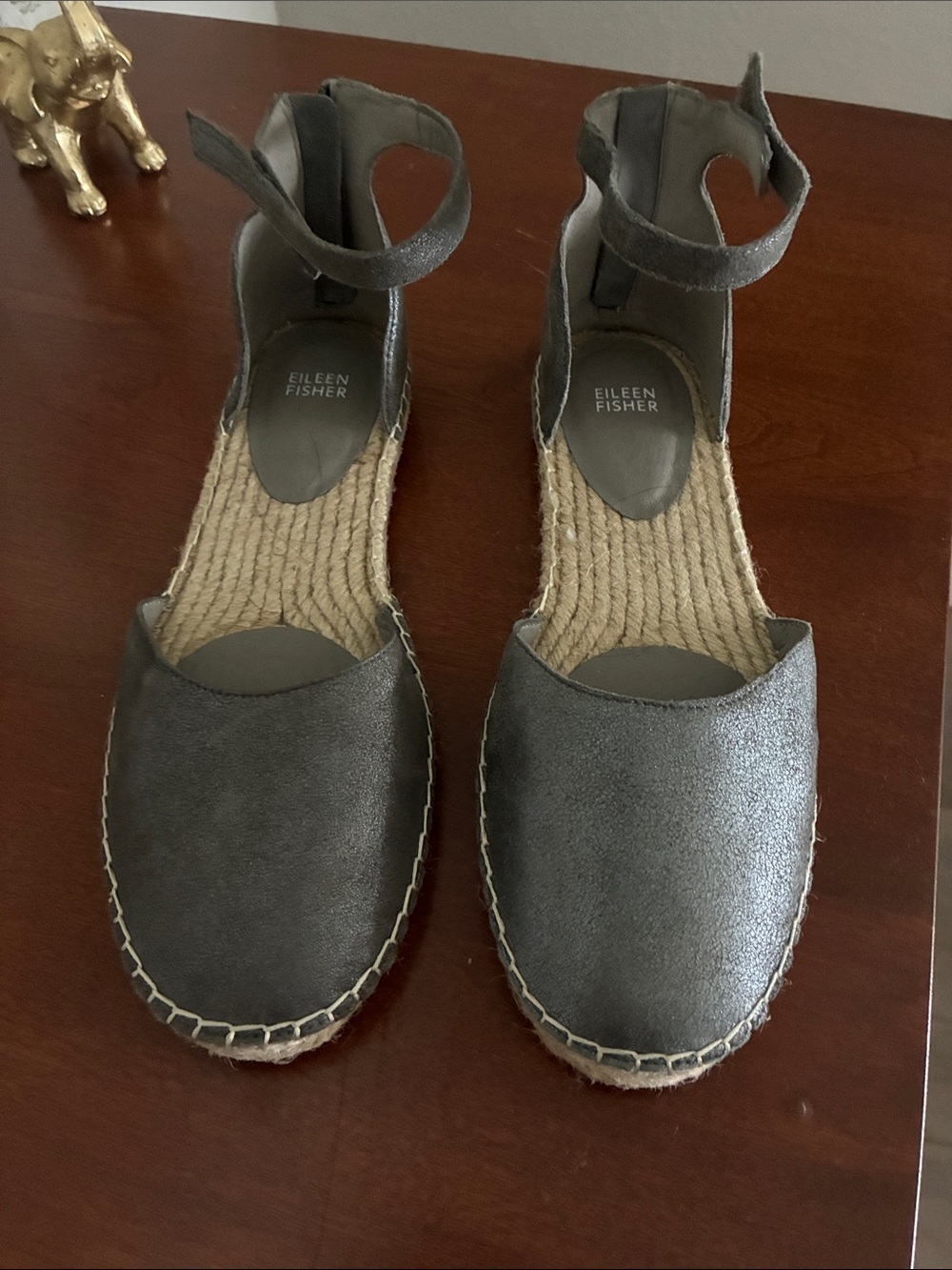Eileen Fisher Pewter Metallic Espadrille Ankle-Strap Wedges